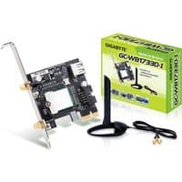 Black Gigabyte GC-WB1733D-I network card with dual antennas, PCIe interface, next to green and white packaging box.