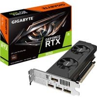 Black GIGABYTE GeForce RTX 3050 OC Low Profile graphics card with dual fans and HDMI, DisplayPort outputs, orange box.