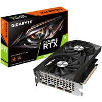 Black Gigabyte RTX 3050 graphics card with dual fans, metal backplate, and orange-accented packaging.