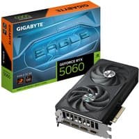 Black GIGABYTE GeForce RTX 5060 EAGLE OC graphics card with dual fans and 8GB GDDR7, next to branded box.