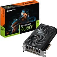 GIGABYTE GeForce RTX 5060 Ti graphics card with dual fans, black casing, and 8GB GDDR7, next to colorful box.