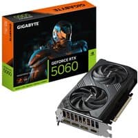 Black Gigabyte RTX 5060 graphics card with dual fans, 3 DisplayPorts, 1 HDMI, and sleek design.