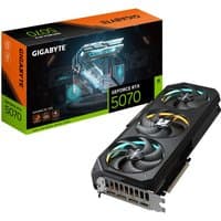 GIGABYTE GeForce RTX 5070 graphics card with triple fans and RGB lighting, black casing, next to branded box.