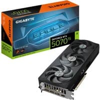 Black GIGABYTE RTX 5070 Ti graphics card with triple fans, silver accents, and ports for 3 DP 2.1a, 1 HDMI 2.1b.