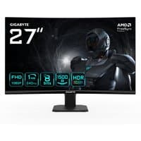 Curved 27" Gigabyte gaming monitor, black, 1920x1080, 240Hz, HDR Ready, with HDMI 2.0 and Displayport 1.4 inputs.
