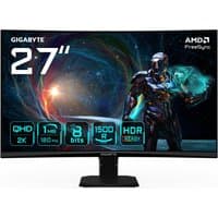 Curved 27" Gigabyte gaming monitor with slim bezels, vibrant display, and sturdy black stand.