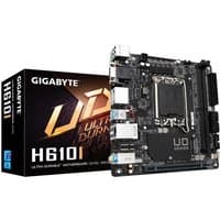 GIGABYTE H610I motherboard with black PCB, silver heatsinks, and multiple ports, next to branded packaging box.