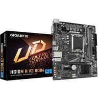 GIGABYTE H610M H V3 DDR4 motherboard with black PCB, silver heatsinks, and multiple slots, next to branded packaging.