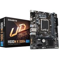 Black GIGABYTE H610M K DDR4 motherboard with PCIe slots, RAM slots, and CPU socket, next to product box.