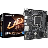 GIGABYTE H610M S2H V3 DDR4 motherboard, black PCB, multiple slots, ports, and heatsinks, with packaging box.