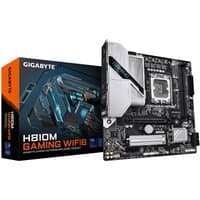 GIGABYTE H810M motherboard with black PCB, silver heatsinks, and box featuring futuristic graphics.