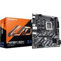 GIGABYTE H810M S2H motherboard with black PCB, silver heatsinks, and orange packaging featuring bold branding.