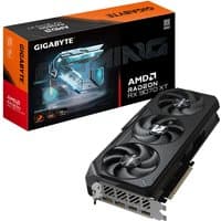 Black GIGABYTE Radeon RX 9070 XT graphics card with triple fans, 2 DisplayPorts, 2 HDMI ports, and red-accented box.