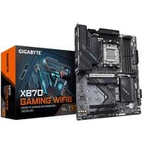 GIGABYTE X870 GAMING WIFI6 motherboard with black heatsinks, silver CPU socket, and PCIe slots, next to product box.