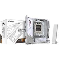 GIGABYTE X870I AORUS PRO ICE Motherboard, silver with PCIe slots, Wi-Fi 7 antenna, and white accents.