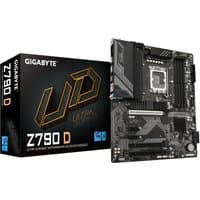 Black GIGABYTE Z790 D motherboard with silver accents, box included, supports Intel Core 14th Gen CPUs.