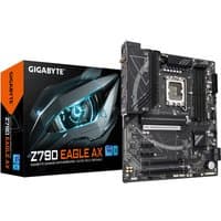 GIGABYTE Z790 EAGLE AX motherboard with black PCB, silver heatsinks, and box featuring a futuristic eye design.
