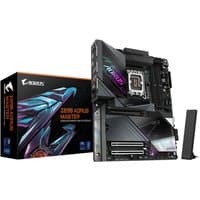 GIGABYTE Z890 AORUS MASTER motherboard with sleek black design, RGB lighting, multiple PCIe slots, and Wi-Fi antenna.