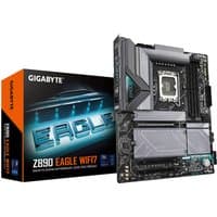 GIGABYTE Z890 EAGLE WIFI7 motherboard with black heatsinks, silver accents, and multiple PCIe slots next to its box.