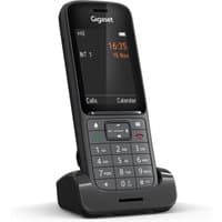Gigaset SL800H PRO black DECT phone with color display, keypad, and charging base, showing time and date.