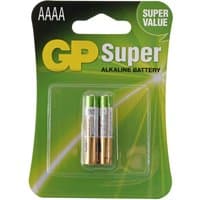 GP Super AAAA alkaline batteries 1.5V, 2-pack in green and gold packaging with "Super Value" label.