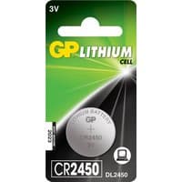 GP CR2450 3V lithium battery, round silver cell, 610mAh, in green and black packaging with yellow GP logo.