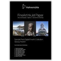 Hahnemühle FineArt InkJet Paper, black packaging with sample images, glossy finish, sample pack listed.