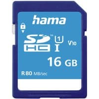 Blue and white Hama 16 GB SDHC memory card, UHS-I Class 10, with lock switch and speed rating of R80 MB/sec.