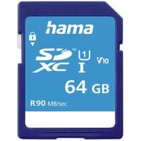 Blue and white Hama 64 GB SDXC memory card, UHS-I Class 10, with lock switch and speed rating R90 MB/sec.