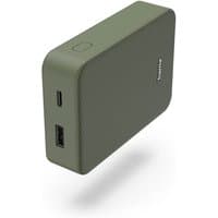Green Hama power bank, 10000 mAh, rectangular with textured surface, USB ports on side, compact design.