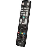 Black Hama IR wireless TV remote with multiple colored buttons and sleek design