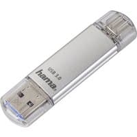 Silver Hama USB flash drive with dual USB Type-A and Type-C connectors, transparent caps, and USB 3.2 Gen 1 support.