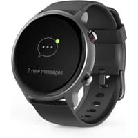 Grey Hama Fit Watch 6910 with 1.28" touchscreen, 46mm case, black band, GPS, and message notification on display.