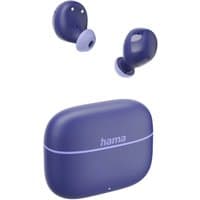 Blue Hama Freedom Buddy II TWS in-ear Bluetooth headset with matching charging case, sleek and compact design.