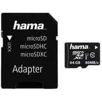 Black Hama microSDXC 64GB card with UHS-I Class 10, includes black adapter with white text.
