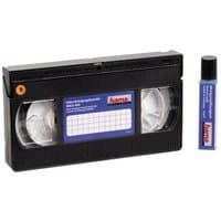 Black Hama VHS/S-VHS video cleaning tape with label and small blue cleaning fluid bottle.