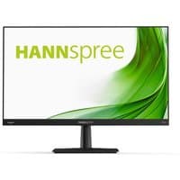 27" Hannspree HC271PFB monitor, slim black bezel, green swirl design on screen, rectangular stand.