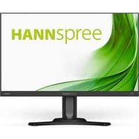 Black Hannspree HP241PJB monitor, 23.8", slim bezels, 1920x1080 resolution, green swirl graphic on screen.