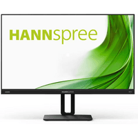 HANNspree HP271PJB 27" black monitor with slim bezels, height-adjustable stand, and green abstract display.