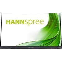 Hannspree HT225HPB monitor, 21.5" screen, slim black bezel, displaying green swirl graphic and logo.