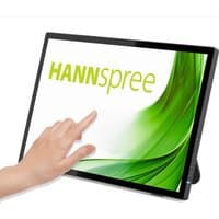 Hannspree 23.8" monitor with black bezel, touchscreen, displaying green and white swirl design.