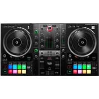 Black Hercules Inpulse 500 DVS scratcher with dual jog wheels, colorful performance pads, and central mixer controls.