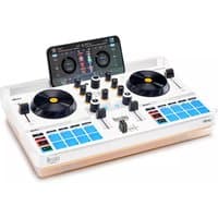 White Hercules MIX ULTRA DJ controller with dual black jog wheels, blue performance pads, and smartphone dock.
