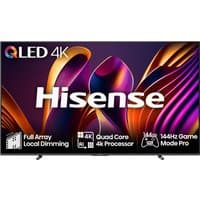 Hisense 100" 4K Ultra HD Smart TV with vibrant QLED display and sleek black frame, featuring quad-core processor.