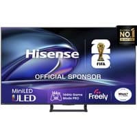 Hisense 50" Mini LED 4K Smart TV with thin black bezel, vivid display, and FIFA sponsorship logo on screen.