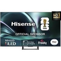 Hisense 65" Mini LED Smart 4K TV with thin black bezels, sleek stand, and vibrant display showing FIFA sponsorship.