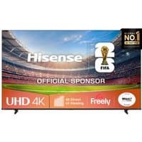 Hisense 85" A6QTUK 4K Ultra HD Smart TV with thin bezel, vivid stadium display, and Freely streaming feature.