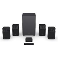 Black Hisense HT Saturn Soundbar set with subwoofer, four satellite speakers, remote, and central unit.