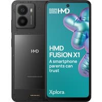 Black HMD Fusion X1 smartphone with dual rear cameras, front display showing colorful graphic and text.