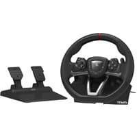 Black Hori Racing Wheel APEX with pedals, features buttons and grips, compatible with PC and PlayStation 4.